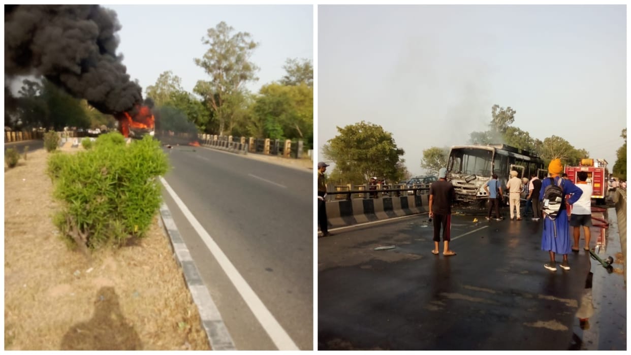 HRTC bus caught fire in Khilchiyan Punjab
