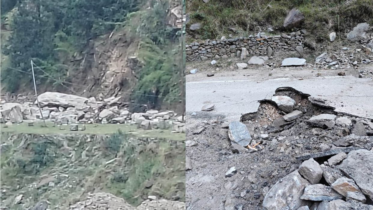 Gangotri highway damaged due to boulder falling from the hill Uttarkashi Uttarakhand News in hindi