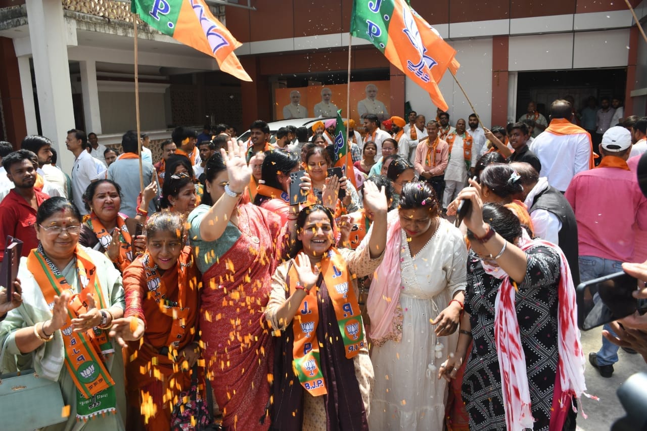 Celebration in BJP office in Lucknow on victory in Lokabha Election 2024.