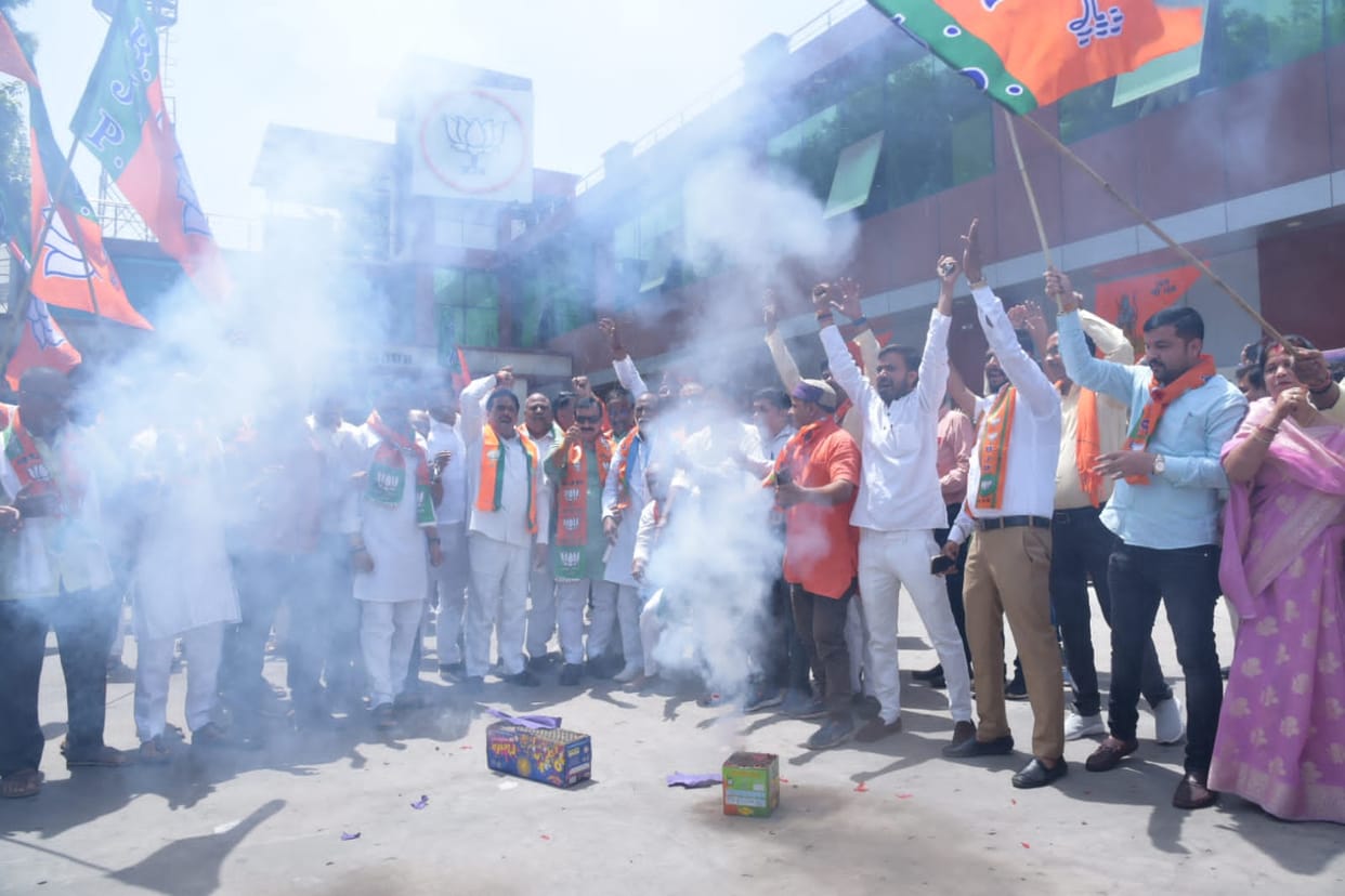 Celebration in BJP office in Lucknow on victory in Lokabha Election 2024.