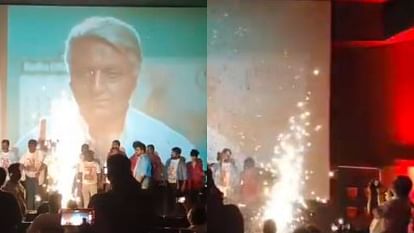 Indian movie released again in chennai Kamal Haasan fans burst fireworks in the theatre watch viral video