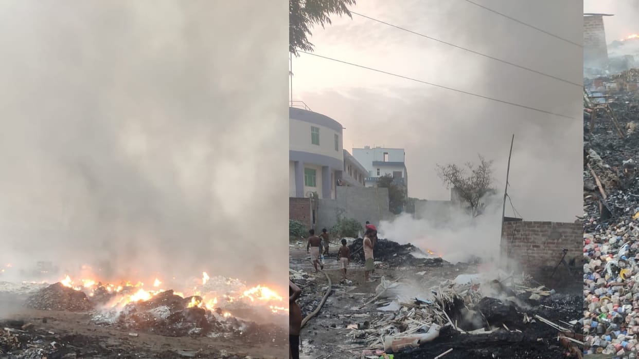 huts burnt due to fire in scrap warehouse in Sarai Aurangabad village in Bahadurgarh
