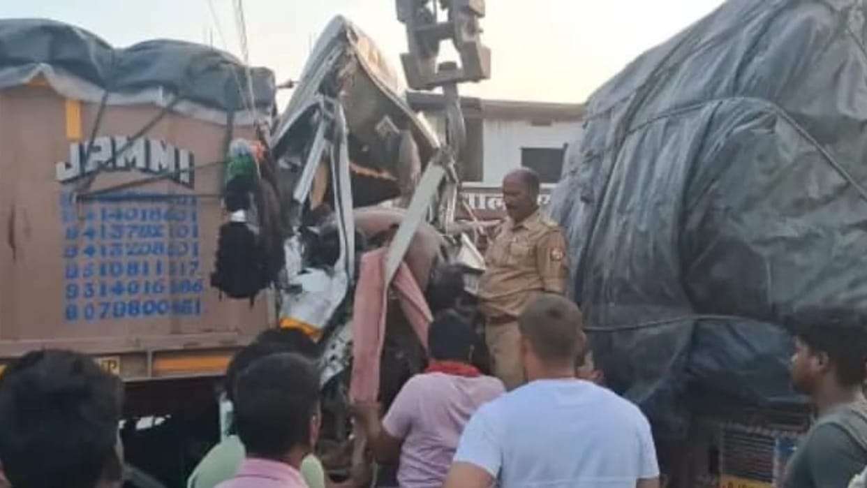 Two containers collided and caught fire in varanasi driver died of burns Police rescued one