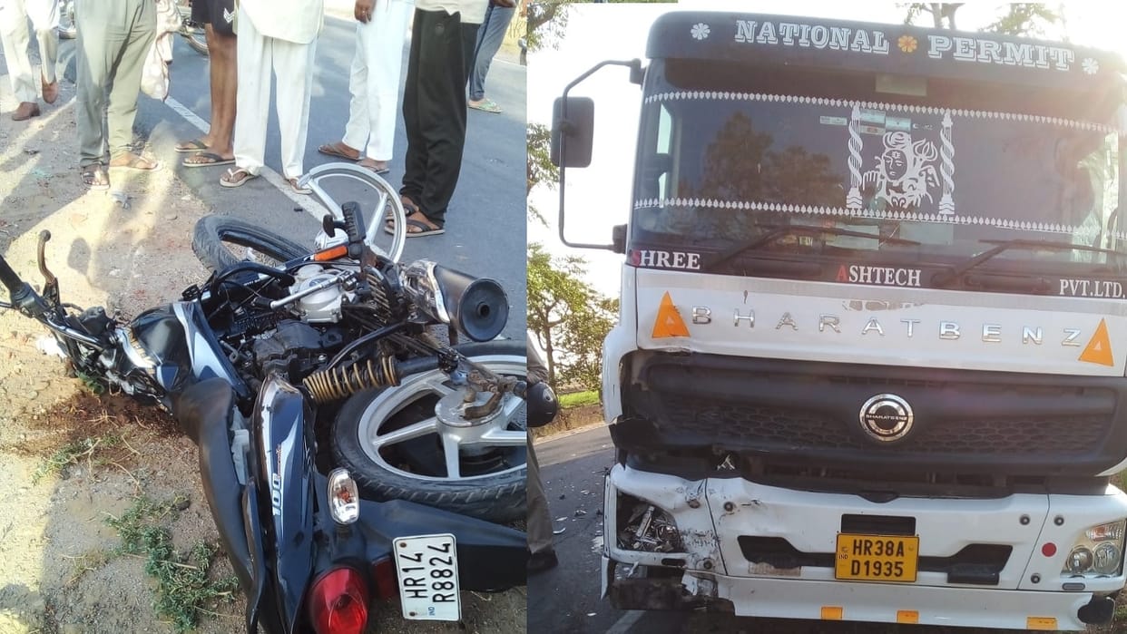 brother riding bike to his sister house was hit by truck In Jhajjar