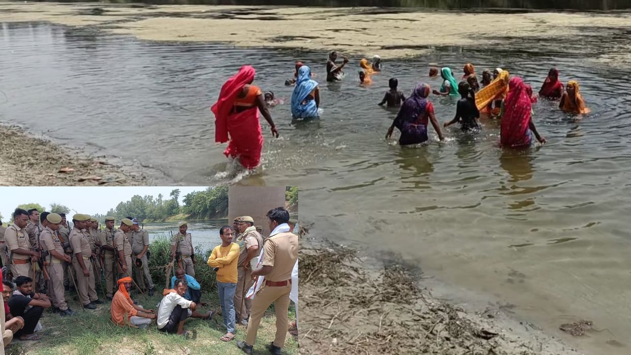Lucknow: Farmers jumped into river in protest.