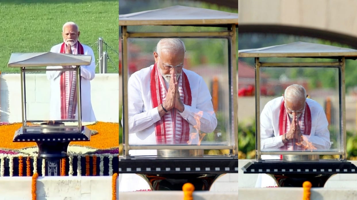 PM Modi Oath: Before taking oath, PM Modi paid homage to Bapu at Raj Ghat; 'Sadaiv Atal', 'Samar Smarak' visit