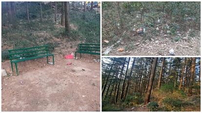 Garbage dumped in Khalini forest along with forest department building no dustbin nearby