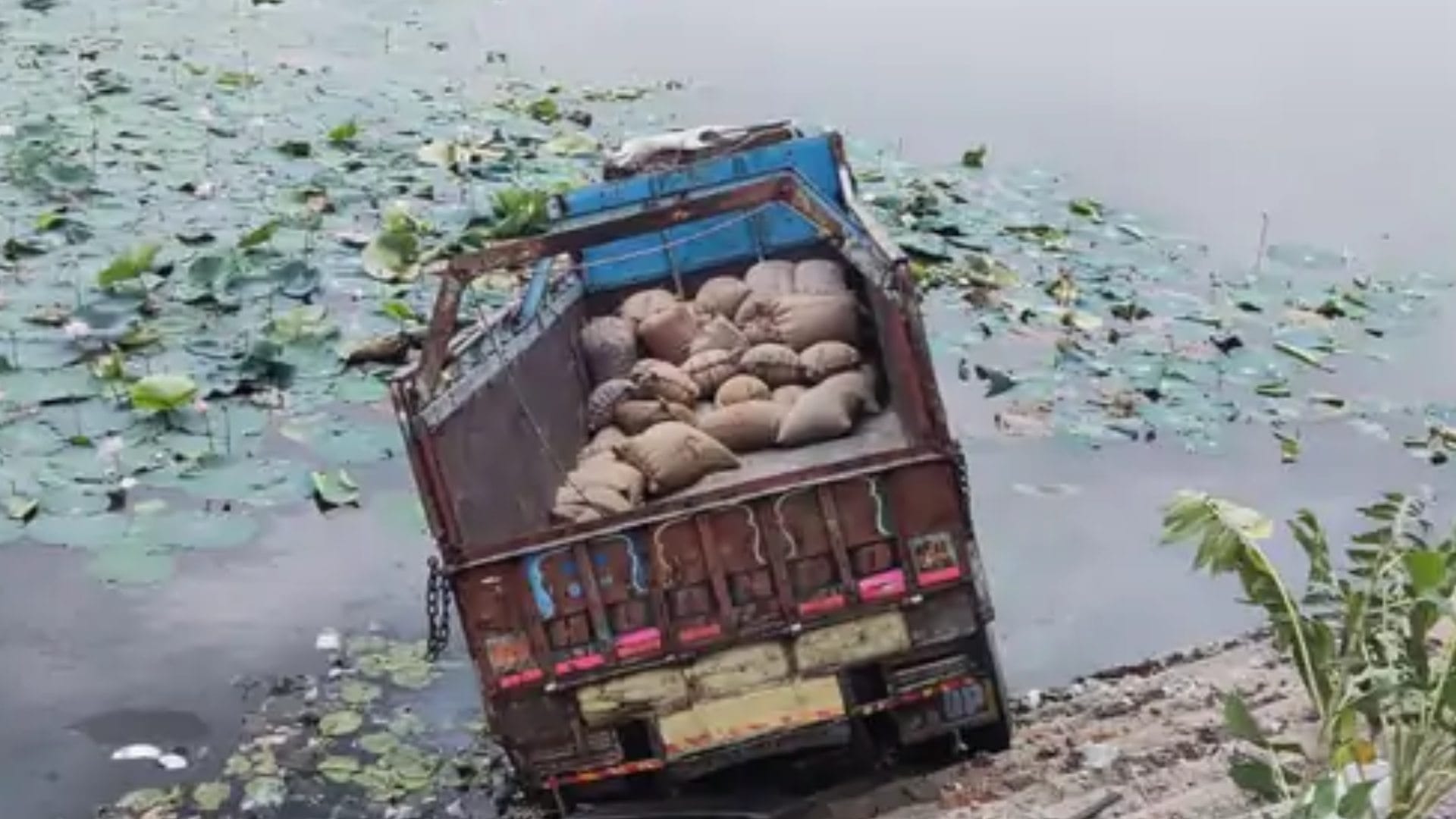 तालाब में बोरियों से भरा ट्रक घुसा