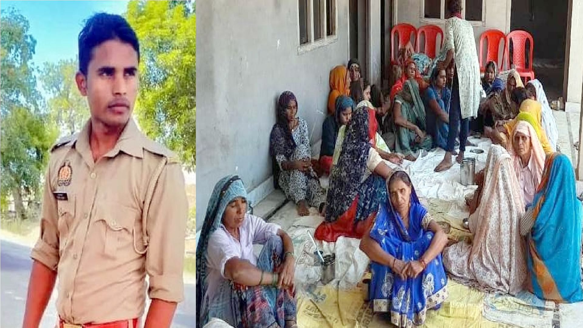 सिपाही का फाइल फोटो और गमगीन परिजन।