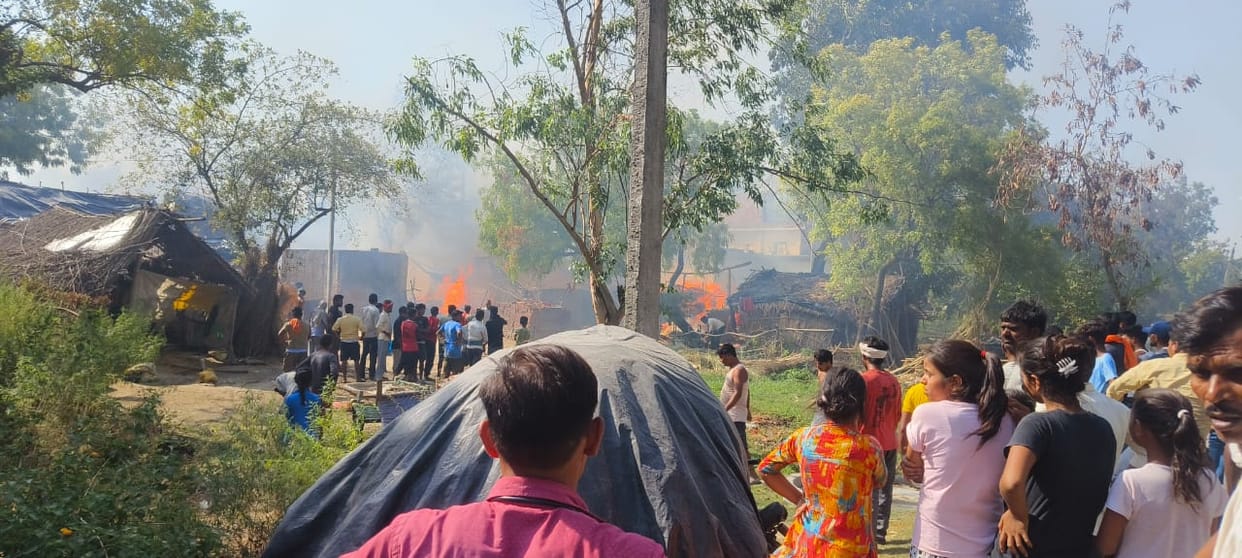 Fire breaks out after the blast in tanki in Sadarpur in Sitapur.