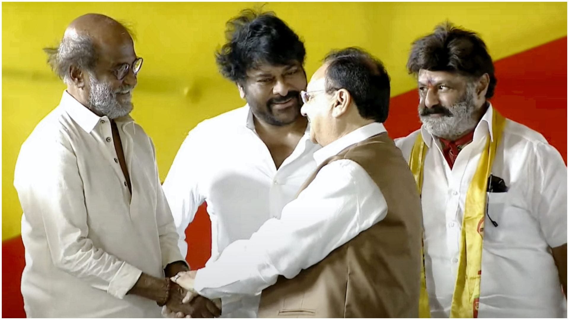 PM Narendra Modi Pawan Kalyan Rajinikanth K Chiranjeevi during CM Nara Chandrababu Naidu swearing in ceremony