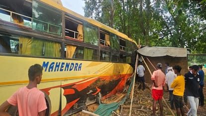 The bus went out of control after a tyre burst and entered a roadside shop in Jagdalpur