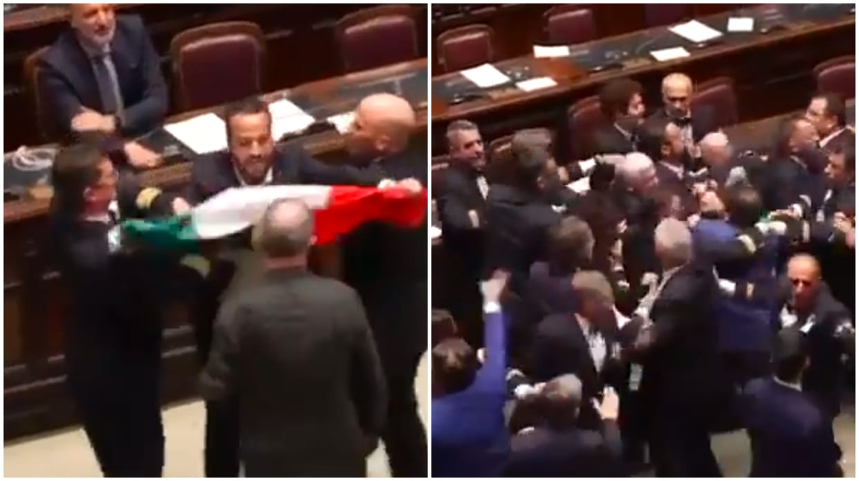 MPs Fight Each Other In Italy Parliament Ahead Of G7 Summit