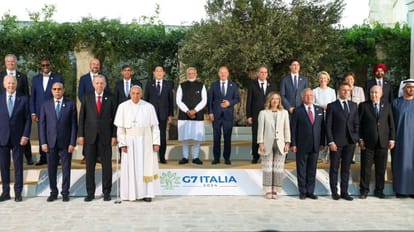 PM Modi and other Global leaders at Outreach Nation session pose for family photo IN G7 Summit