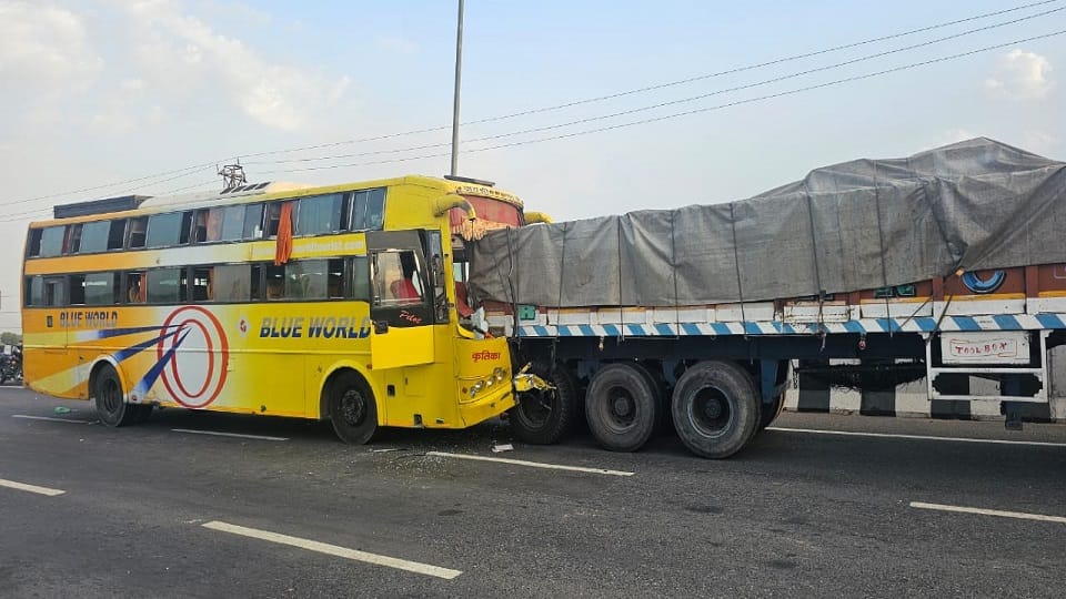 Volvo bus collides with truck on highway dozen passengers injured condition of four is serious