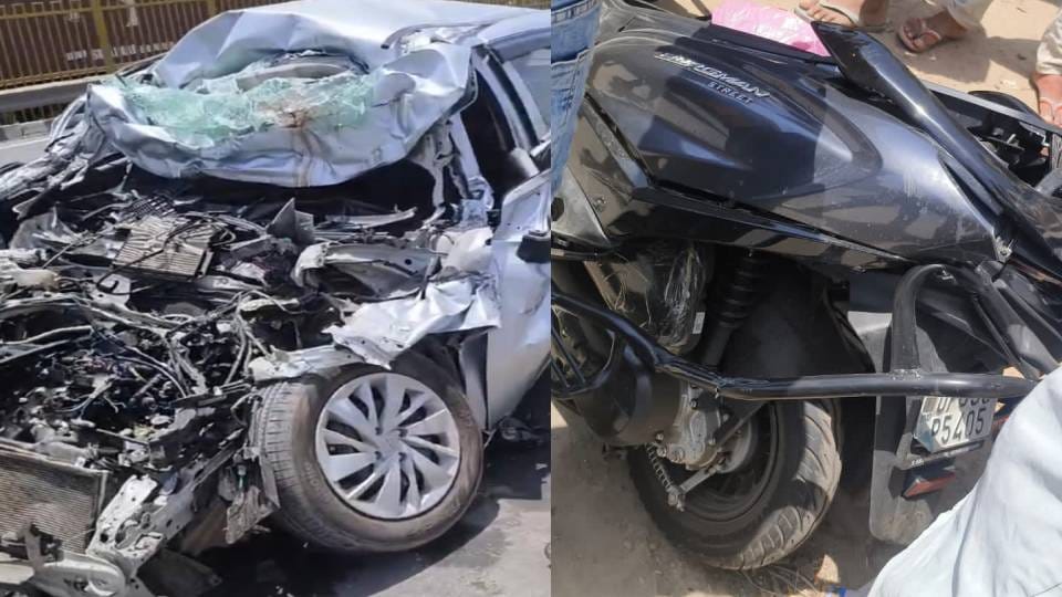 two people died and three injured In Mathura when scooter and car collided from behind to roadways bus