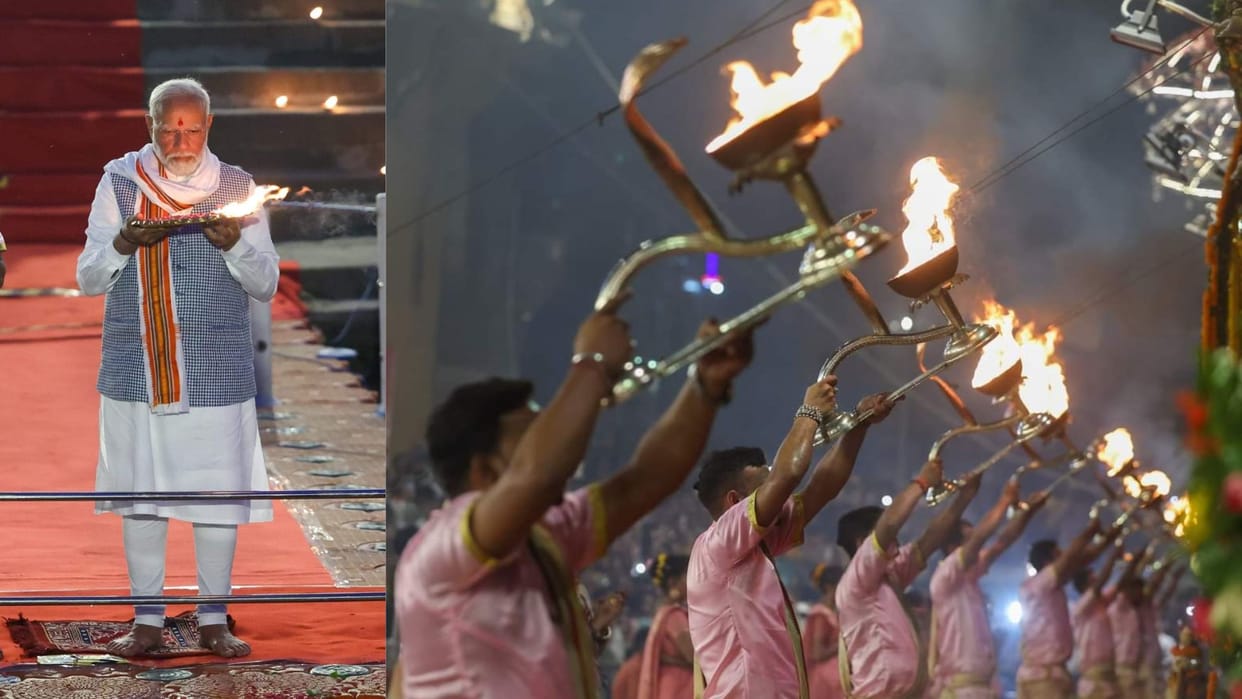 PM Modi varanasi visit PM Narendra Modi Attend Ganga Aarti at Dashashwamedh Ghat for 5th time