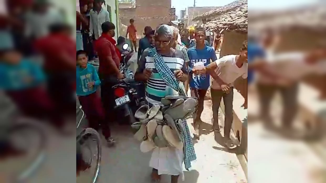 On suspicion of adultery, an elderly man was garlanded with shoes and slippers and taken around the village, v