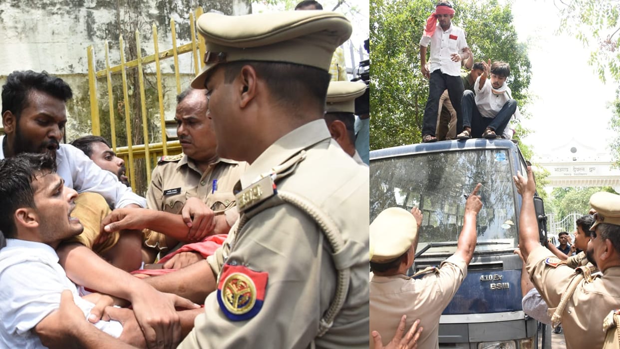 Students protest over UGC NET exam cancellation.