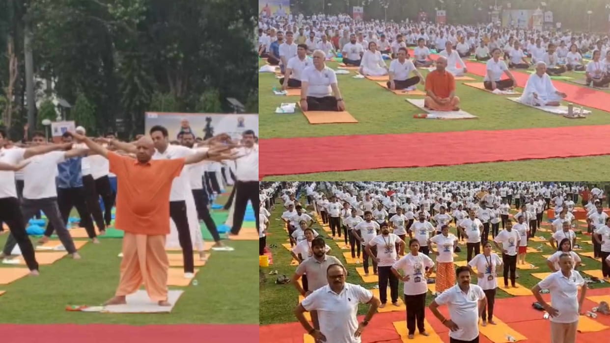 People participate on International Yoga Day.