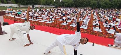 People participate on International Yoga Day.