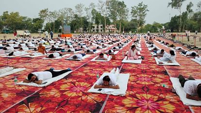 People participate on International Yoga Day.