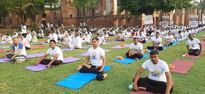 People participate on International Yoga Day.