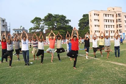 People participate on International Yoga Day.