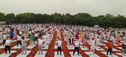 People participate on International Yoga Day.