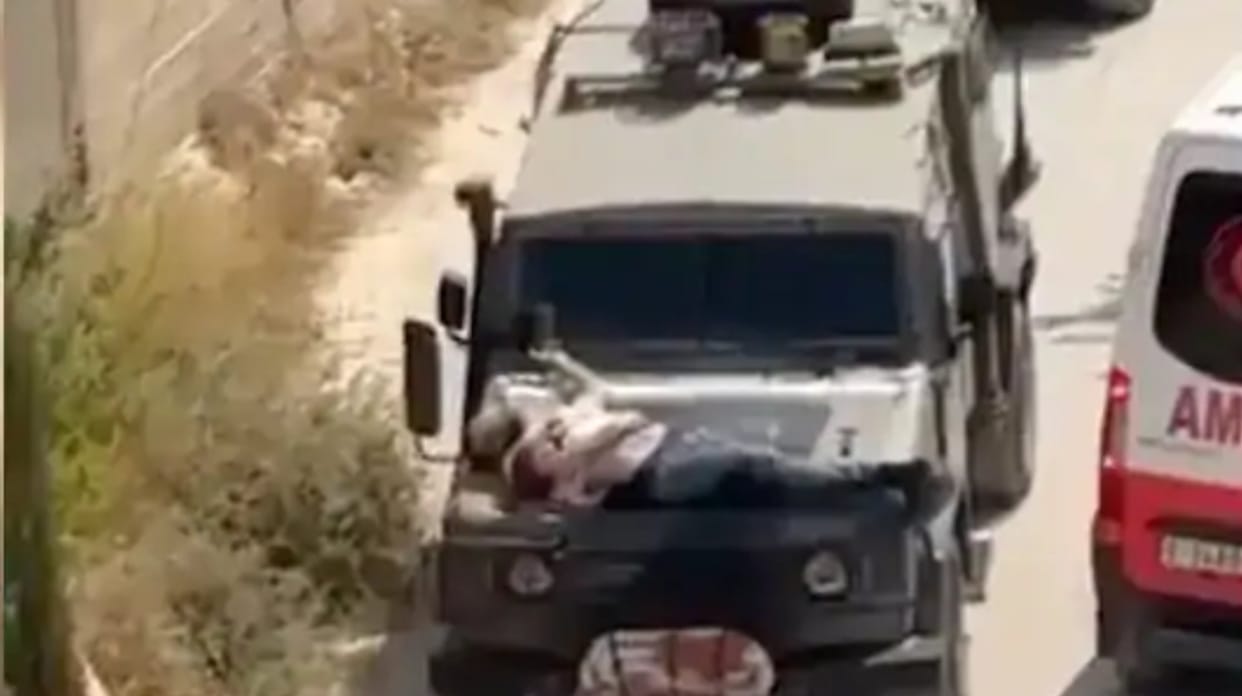Video Viral news Israeli Soldiers Tie Injured Palestinian To Jeep In West Bank