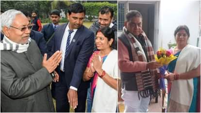 नीतीश कुमार और नीरज कुमार के साथ संजीव की पत्नी ममता देवी।