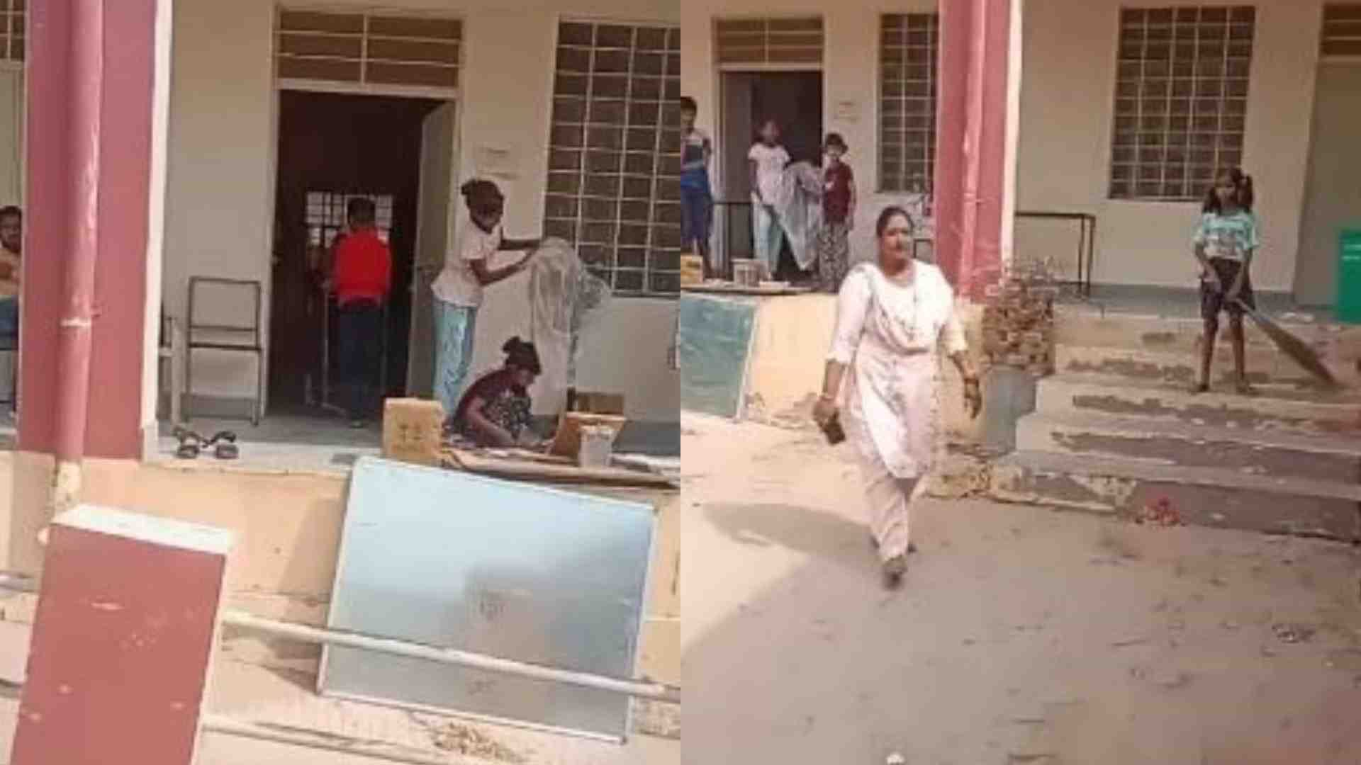 स्कूल में साफ-सफाई करते बच्चे।