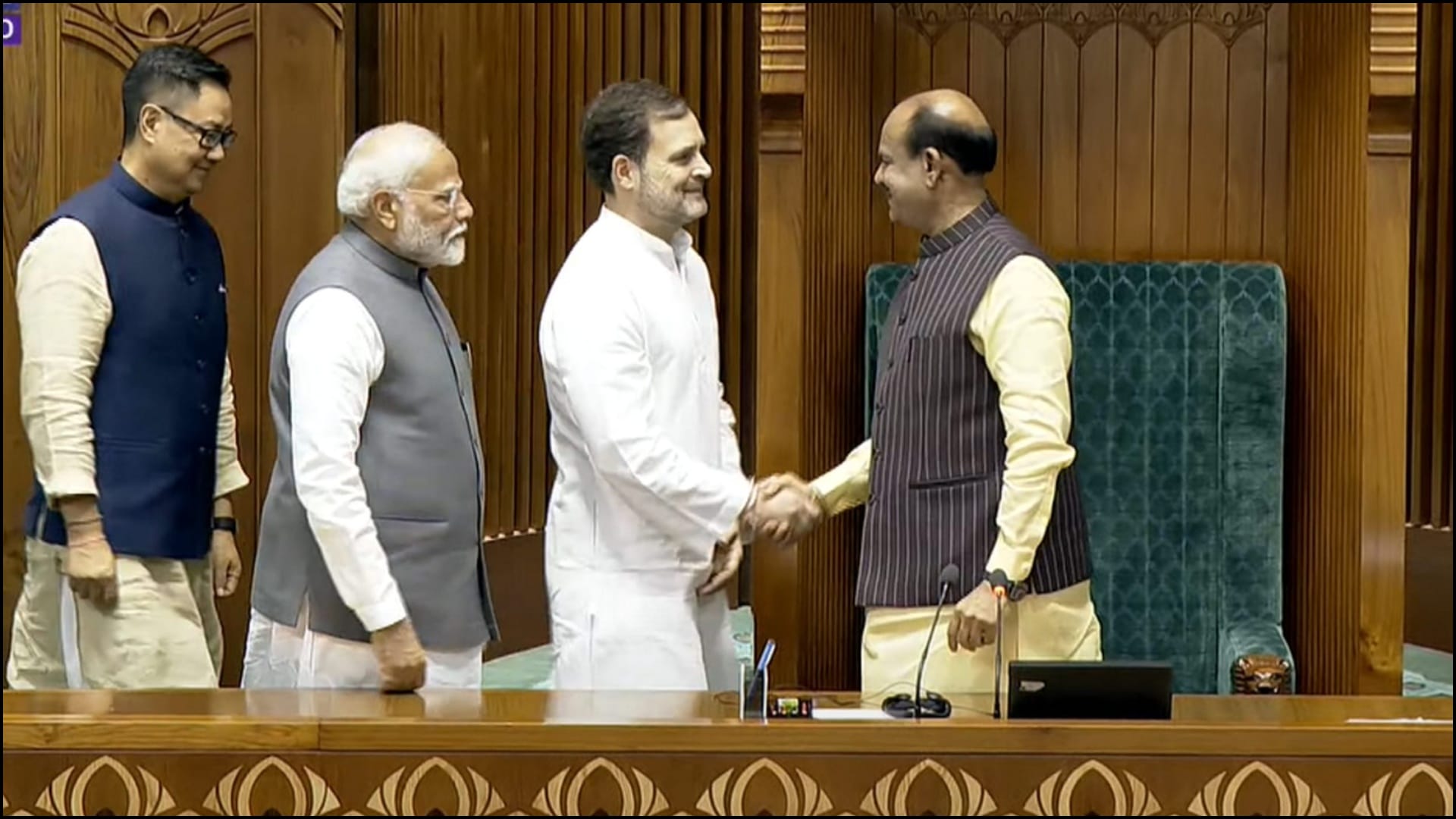 Om Birla elected as Speaker of Lok Sabha PM Modi and rahul gandhi shakes hand photos