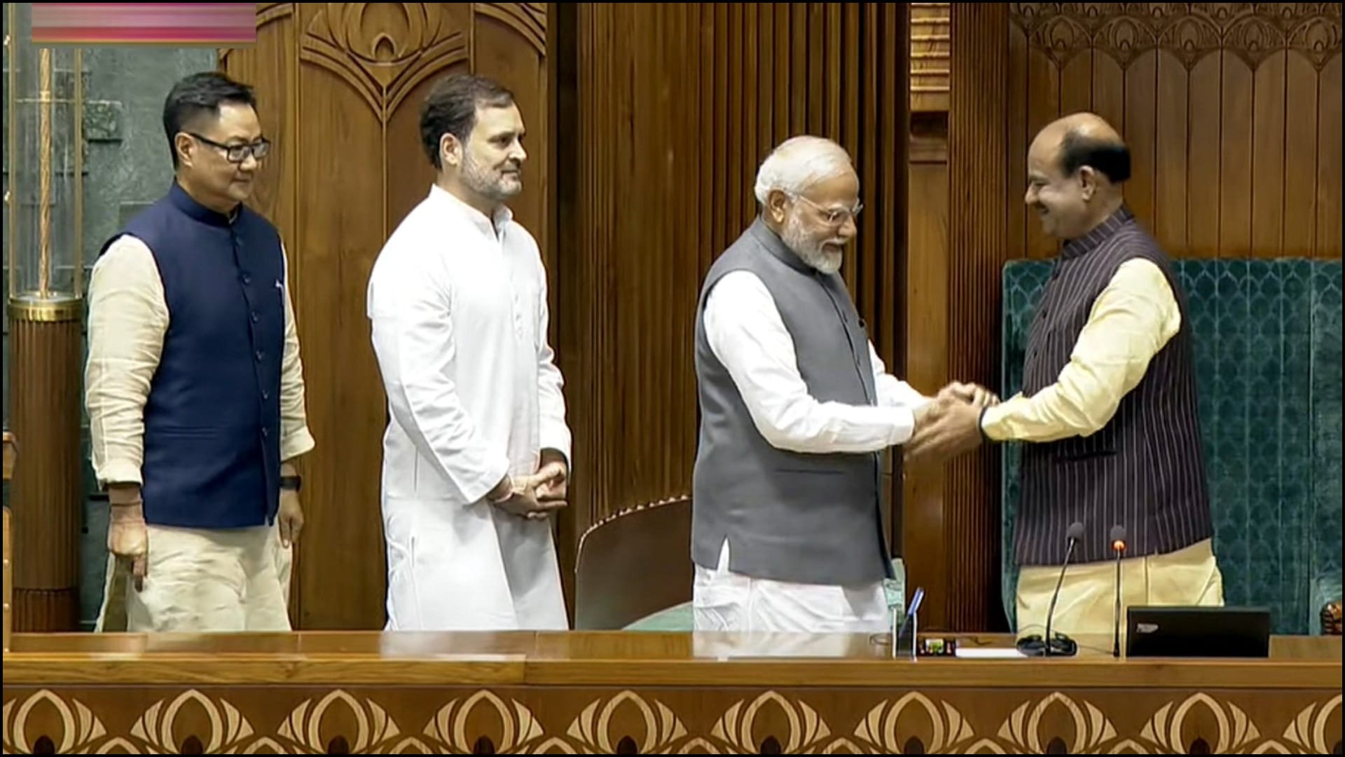 Om Birla elected as Speaker of Lok Sabha PM Modi and rahul gandhi shakes hand photos