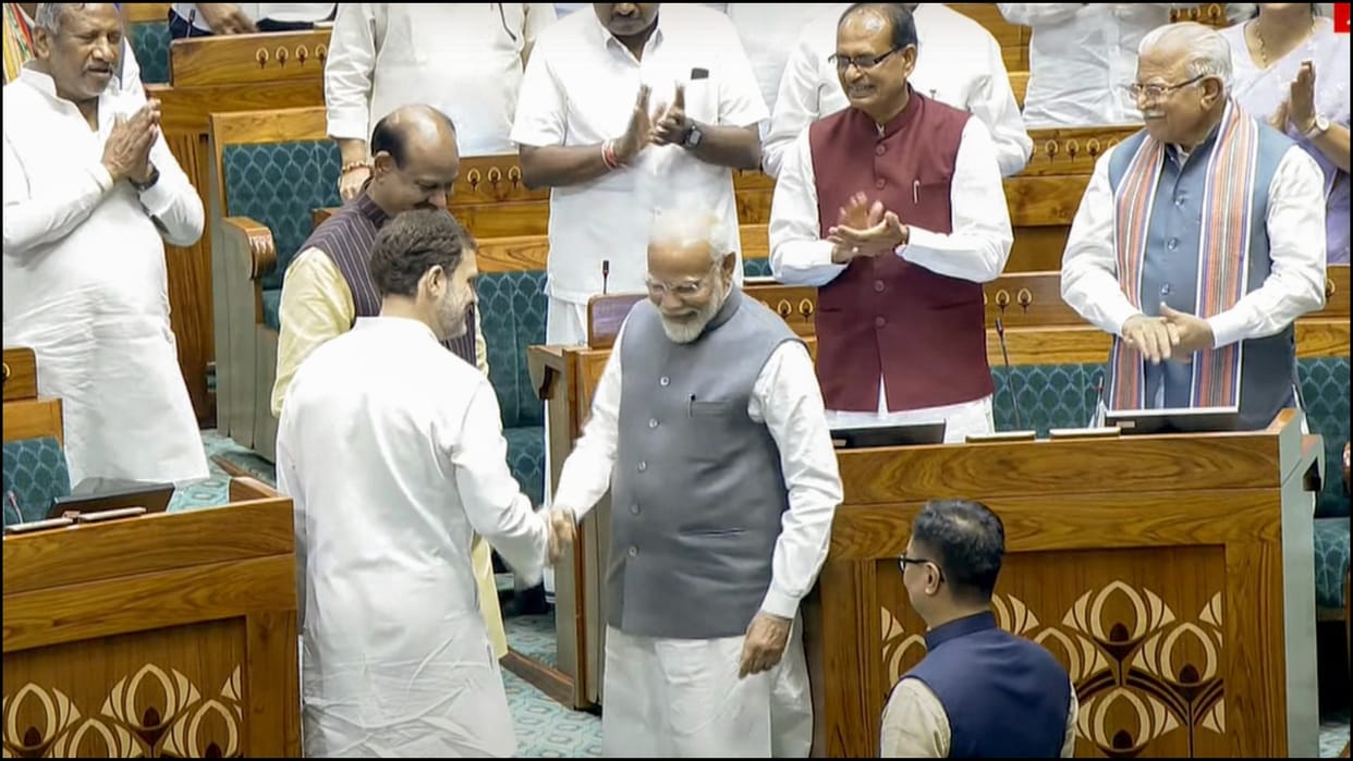 Om Birla elected as Speaker of Lok Sabha PM Modi and rahul gandhi shakes hand photos