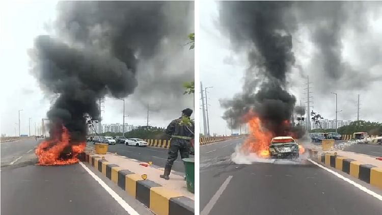 Car Becomes Ball Of Fire Near Parthala Bridge In Noida – Amar Ujala Hindi News Live