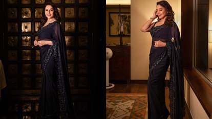 Bollywood actress Madhuri Dixit trendy black outfit collection saree to bodycon dress