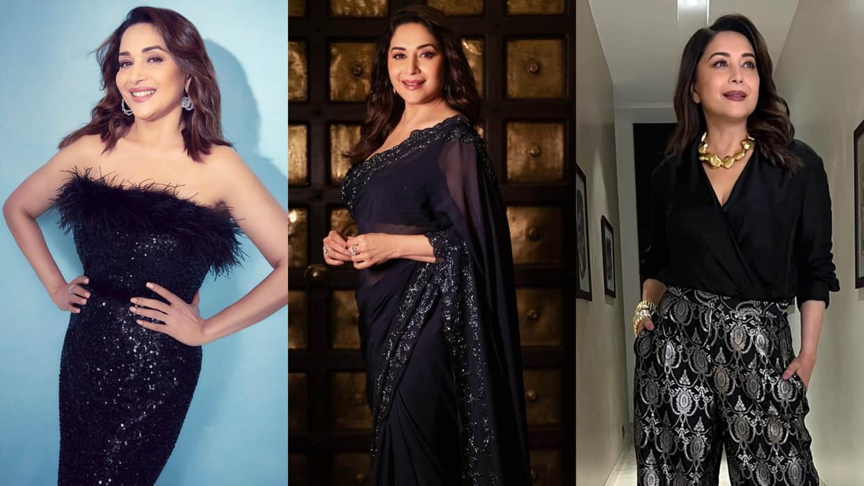 Bollywood actress Madhuri Dixit trendy black outfit collection saree to bodycon dress