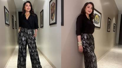 Bollywood actress Madhuri Dixit trendy black outfit collection saree to bodycon dress