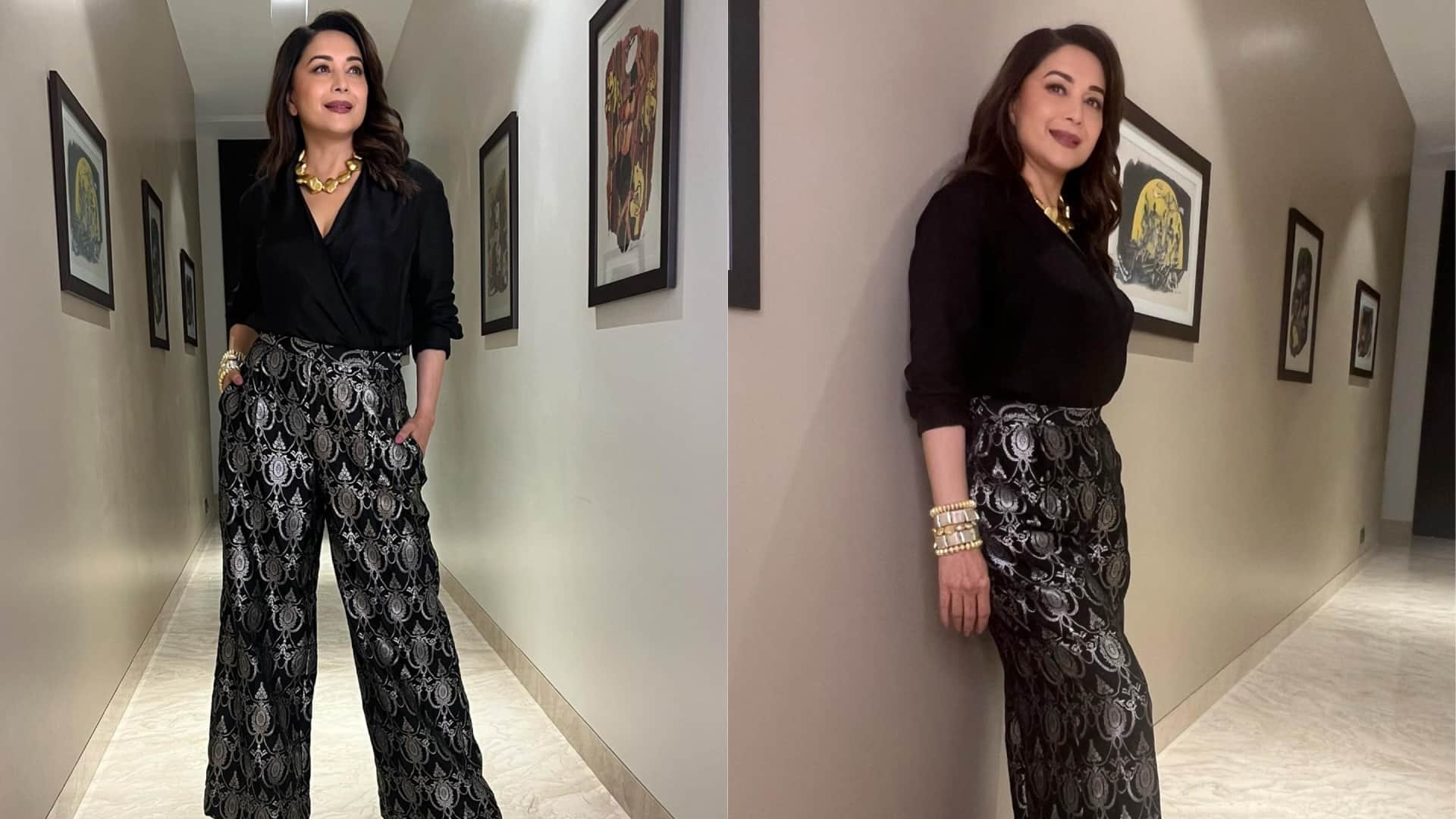 Bollywood actress Madhuri Dixit trendy black outfit collection saree to bodycon dress
