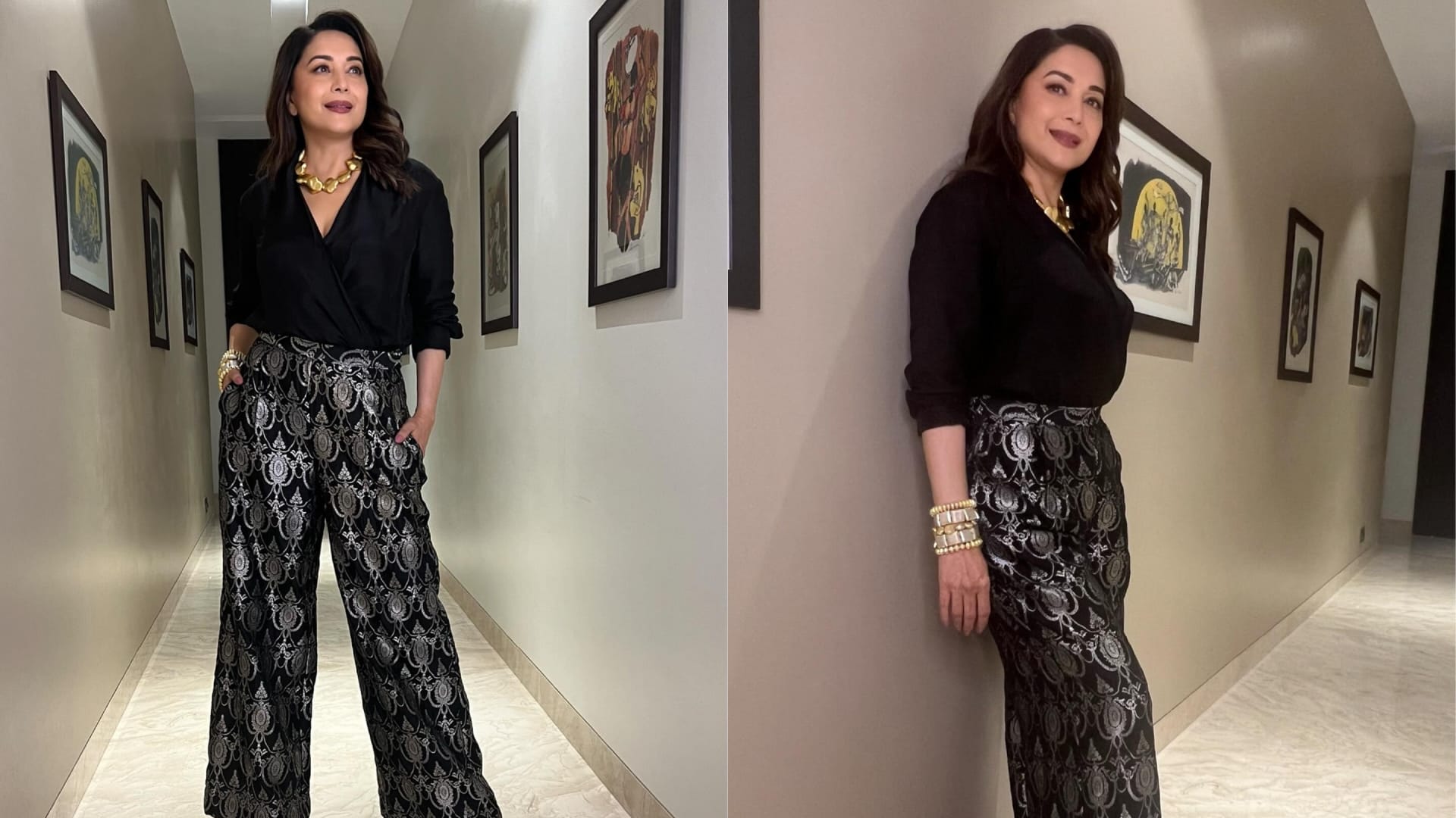 Bollywood actress Madhuri Dixit trendy black outfit collection saree to bodycon dress