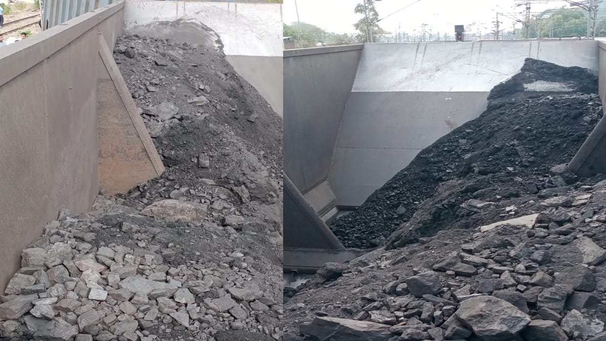 A wagon of an empty goods train was filled with coal, due to which the train tilted to one side.
