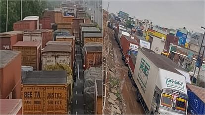 Heavy jam on Delhi Highway due to waterlogging under bridge at Bad village in Mathura queue of vehicles