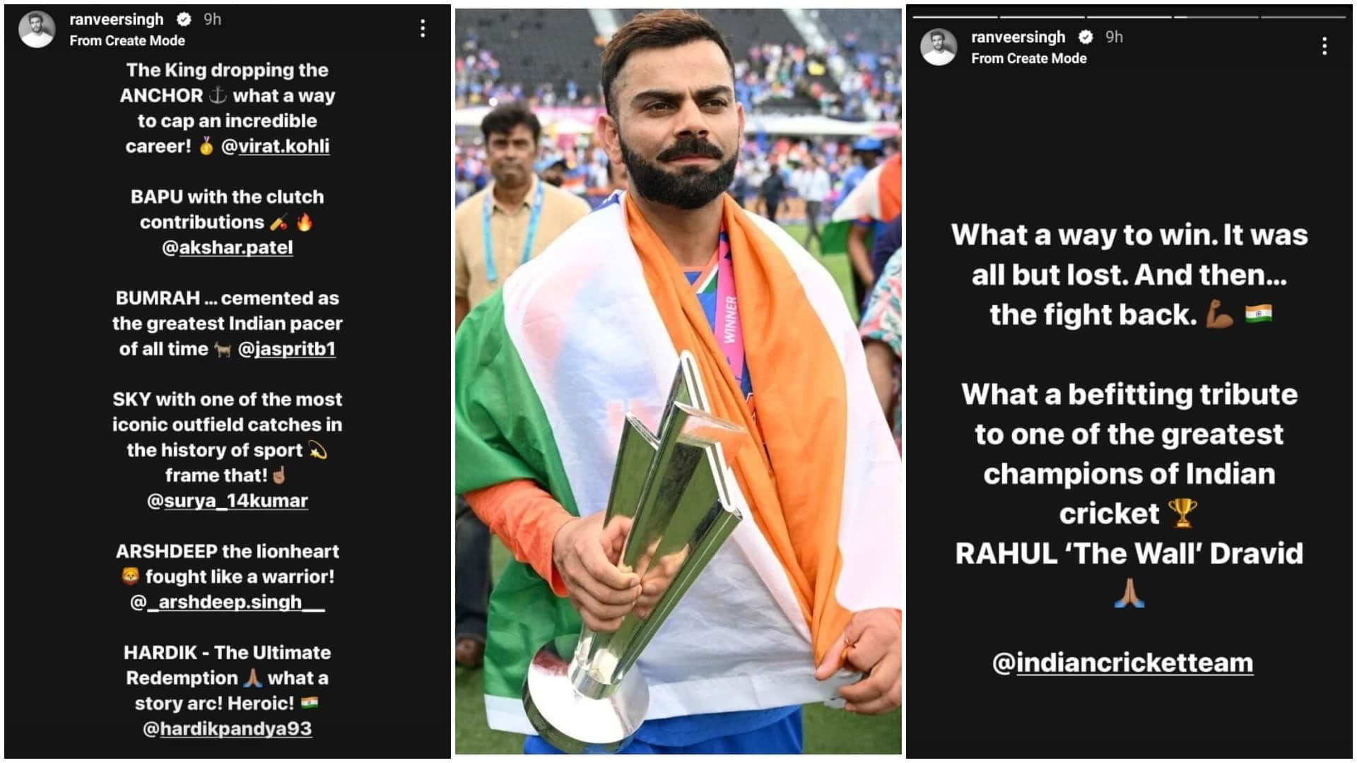 Singham Again Actor Ranveer Singh Reacts to Virat Kohli Announces Retirement from T20 International cricket