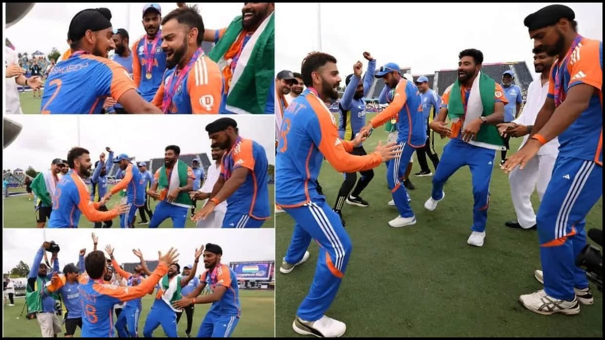 T20 world cup 2024 ind vs sa virat kohli dances with arshdeep singh rinku singh video