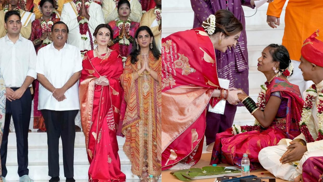 anant radhika pre wedding celebration nita ambani saree look at mass wedding