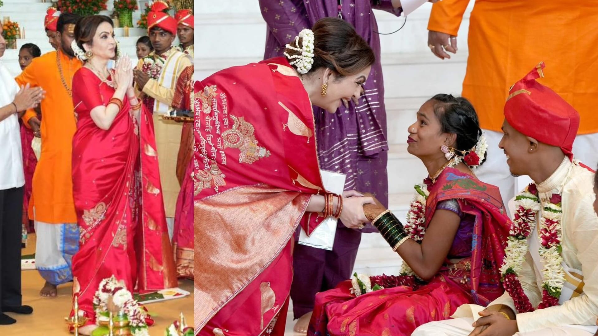 anant radhika pre wedding celebration nita ambani saree look at mass wedding