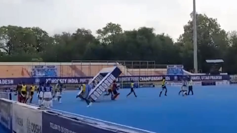 Temporary gate built in the stadium fell on the players in the national level hockey competition