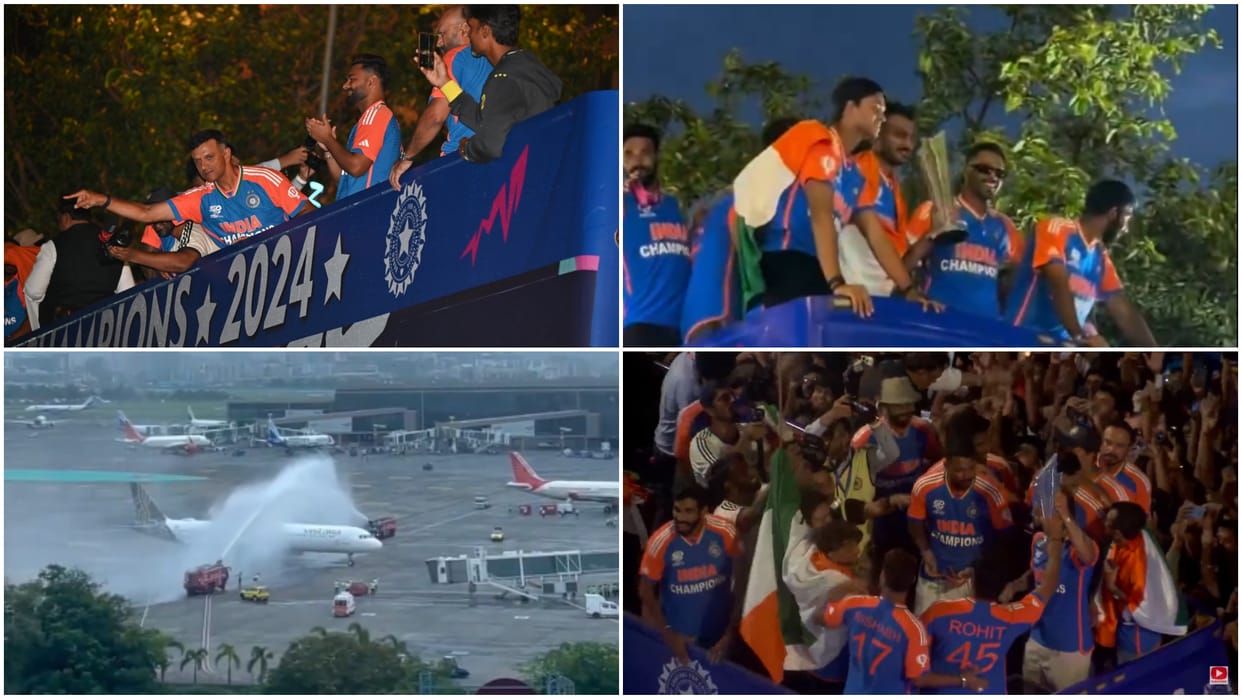 Team India: Water cannon salute to flight Team India celebration victory parade photos in Mumbai Marine Drive