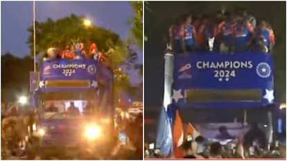 Team India: Water cannon salute to flight Team India celebration victory parade photos in Mumbai Marine Drive